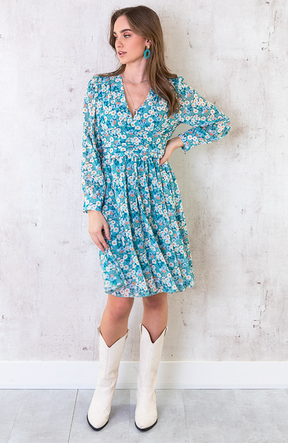 Jurk Met Bloemen Dames Turquoise fashionmusthaves